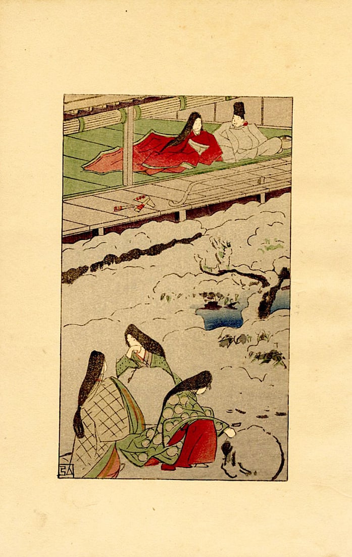 Nakazawa Hiromitsu: Asagao 1912 Woodblock: Japanese Woodblock Print, 1912, created for Chapter 20 of the book A New Translation of The Tale of Genji, which features a modern colloquial translation of the classic text by the famous poet Yosano 