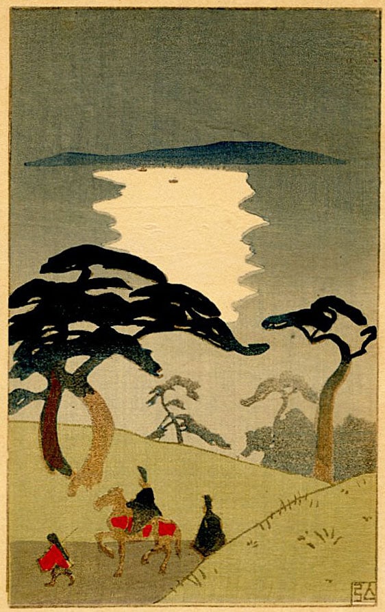 Nakazawa Hiromitsu: Akashi 1912 Woodblock: Japanese Woodblock Print, 1912, created for Chapter 13 of the book A New Translation of The Tale of Genji, which features a modern colloquial translation of the classic text by the famous poet Yosano 