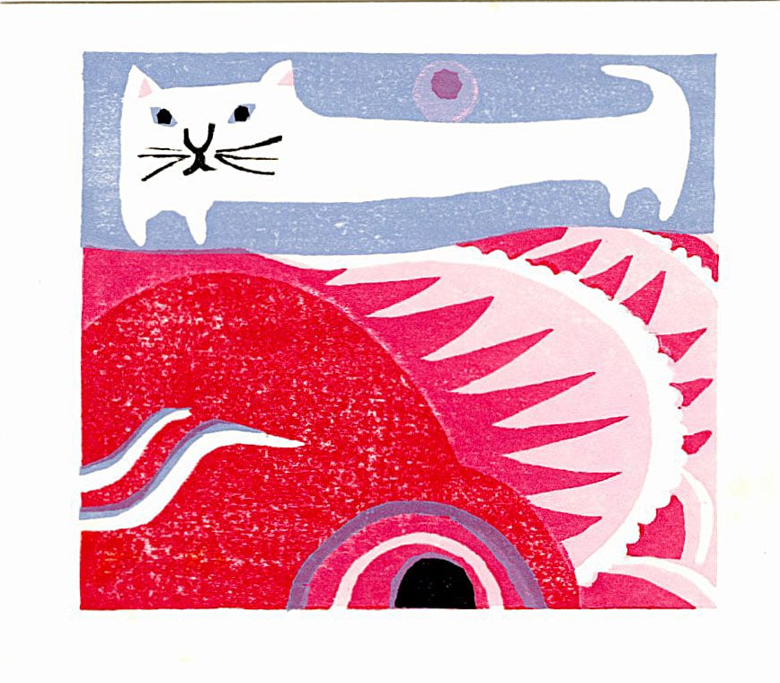 Morikazu Madea: White Cat c.1970 Woodblock: Japanese Woodblock Print, c.1970 SIZE IN INCHES: 5.75 x 4.75 inches MORIKAZU MAEDA (b. 1932) is a prominent Japanese printmaker associated with the twentieth-century Sosaku-hanga (creative print) move