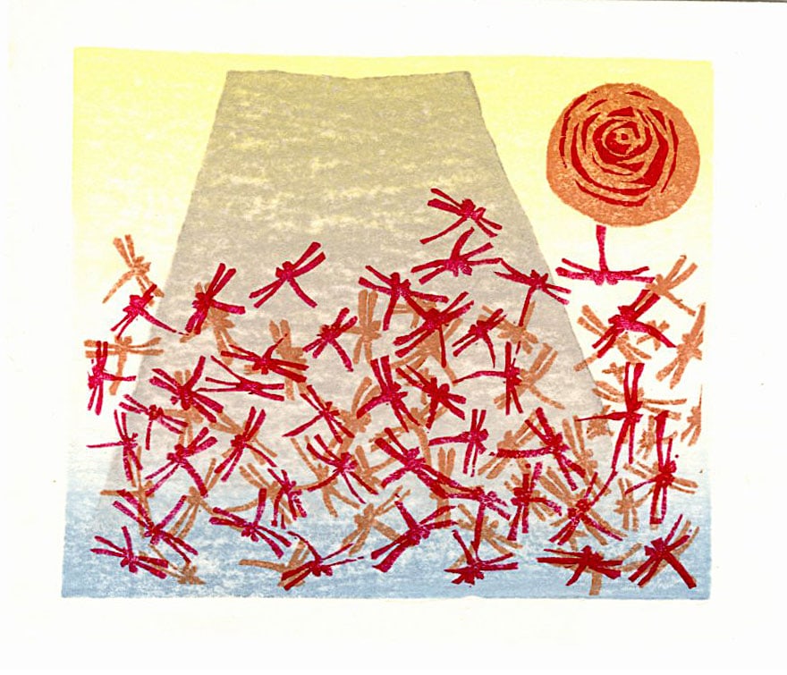 Morikazu Madea: Mt Fuji and Dragonflies c.1970 Woodblock: Japanese Woodblock Print, 1950s SIZE IN INCHES: inches COMMENTS: