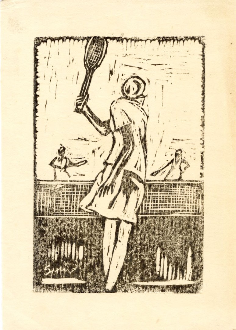Maekawa Senpan: Tennis 1928 Woodblock: Japanese Woodblock Print, 1928, self published from the collection of Katsuzaburo Hasegawa SIZE IN INCHES: 5 x 7.5 inches COMMENTS: A black-and-white block print depicting a tennis match, executed in 
