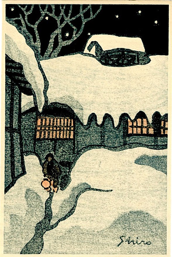 Kasamatsu Shiro:Snow Country 1959 Woodblock: Japanese Woodblock Print, 1959, publisher unknown SIZE IN INCHES: 4 x 6 inches COMMENTS: Small prints by Kasamatsu during his sosaku-hanga period are rare. SHIRO KASAMATSU (1898?1991) was a Japanese