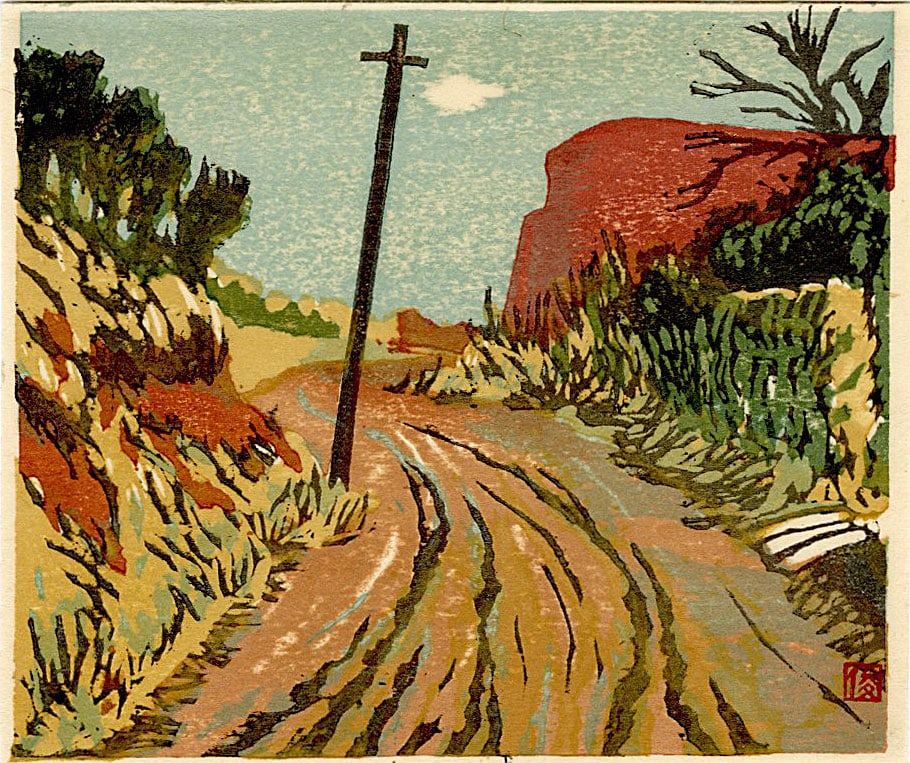 Kakihara Toshio: Road 1942 Woodblock: Japanese Woodblock Print, 1942 SIZE IN INCHES: inches KAKIHARA TOSHIO was a 20th-century Japanese printmaker associated with the Sosaku-hanga (creative print) movement, which emphasized the artist's i