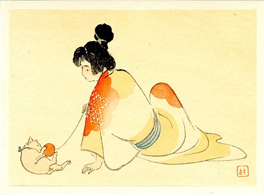 Kajita Hanko: At Play Woodblock: Japanese Woodblock Print, originally published c.1900, this is a late edition carved by Kawasaki and printed by Ohashi SIZE IN INCHES: 6" x 4.25 inches KAJITA HANKO (1870-1919) was an artist and Nihon