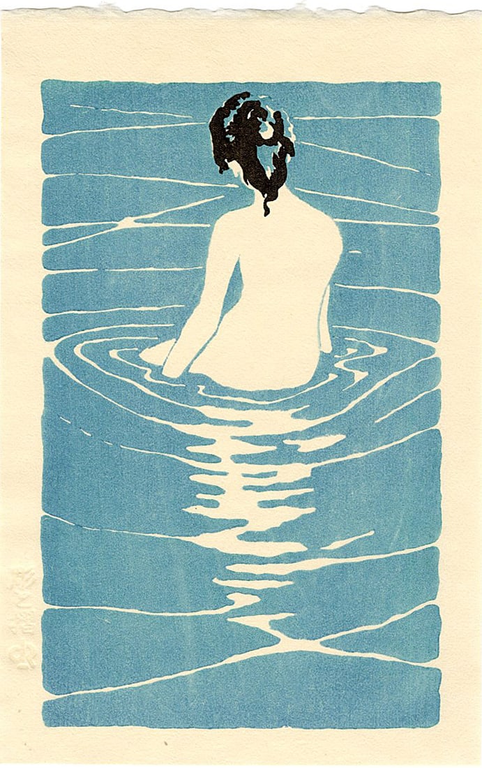 Ichijo Narumi: At the Hot Spring Woodblock: Japanese Woodblock Print, originally published c. 1906, this Reiwa era edition printed from recarved blocks SIZE IN INCHES: 5 x 8 inches COMMENTS: This design was originally released as part of a set 
