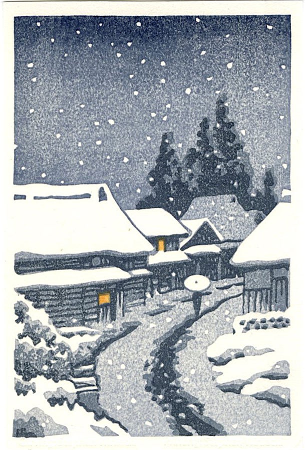 Hasui Kawase (after): Snowy Village Woodblock NR: Japanese Woodblock Print, from recarved woodblocks SIZE IN INCHES: 4 x 6 inches