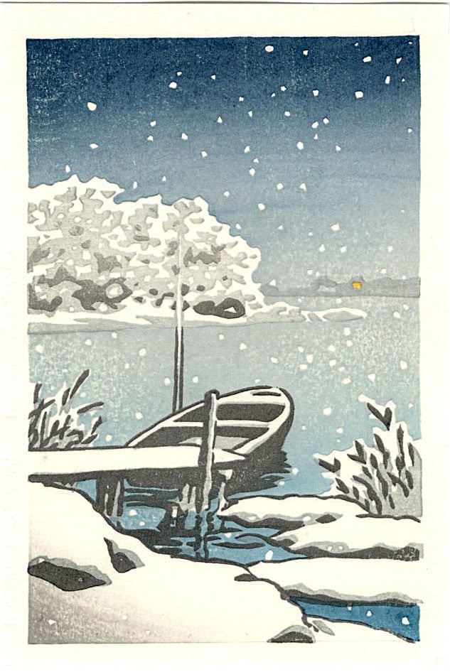 Hasui Kawase (after): Moored Boat in Snow Woodblock NR: Japanese Woodblock Print SIZE IN INCHES: 4.25 x 6.25