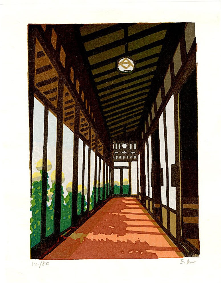 Eji Ino: Windows on Veranda Woodblock: Japanese Woodblock Print, 2010, from the series Ideal Flower Weather, pencil signed, numbered 12/80, published by Sonobashinogisha SIZE IN INCHES: 5 x 6.5 inches EJI INO (b.1949) began his artistic ca