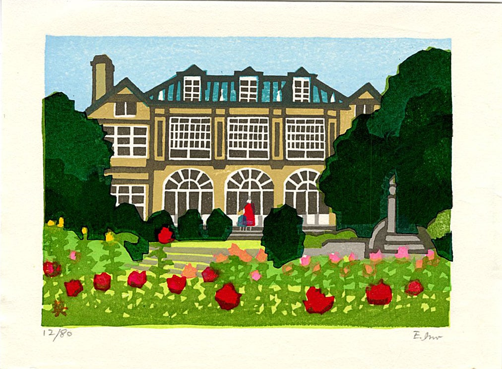 Eji Ino: Roses at Hatoyama Hall Woodblock: Japanese Woodblock Print, 2010, from the series Ideal Flower Weather, pencil signed, numbered 12/80, published by Sonobashinogisha SIZE IN INCHES: 5 x 6.5 inches EJI INO (b.1949) began his artistic ca