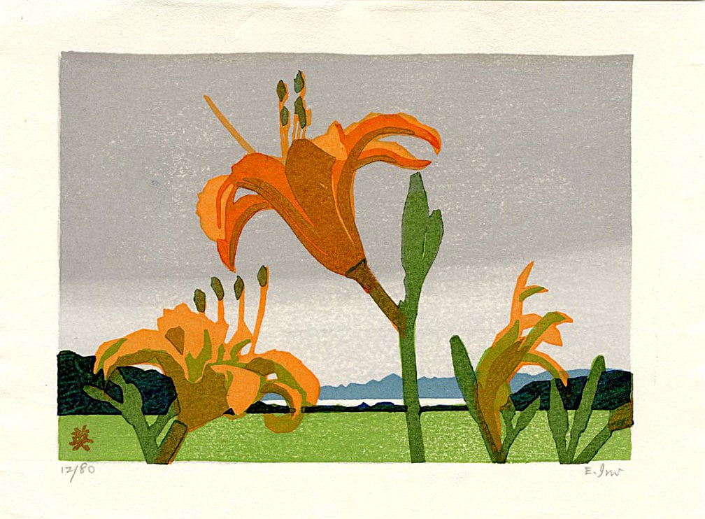 Eji Ino: Orange Daylilies Woodblock: Japanese Woodblock Print, 2010, from the series Ideal Flower Weather, pencil signed, numbered 12/80, published by Sonobashinogisha SIZE IN INCHES: 5 x 6.5 inches EJI INO (b.1949) began his artistic ca
