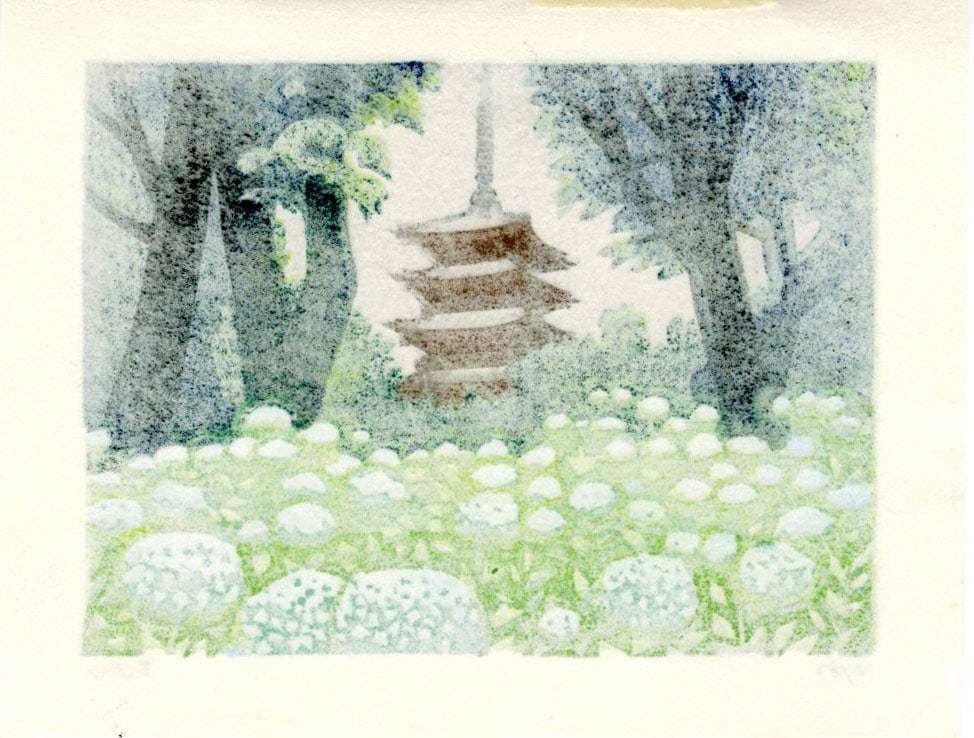 Eji Ino: Hydrangea Woodblock - 2