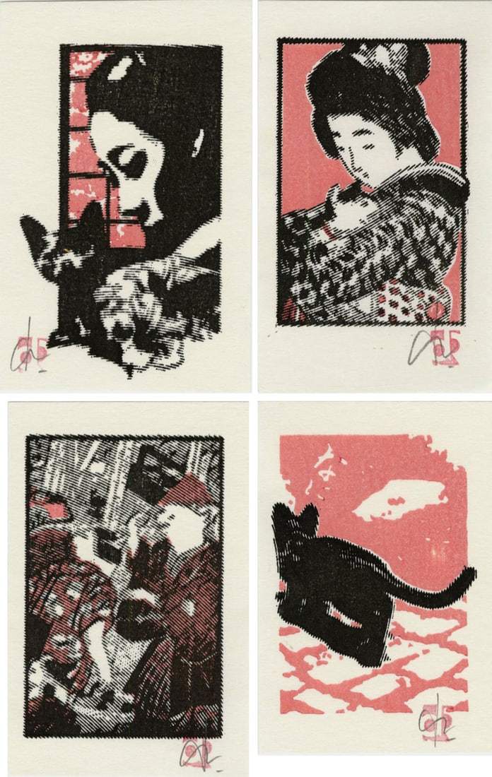 Dominique R.: 4 Cat Prints Woodblock: Japanese Woodblock Prints, 2020s, self-published SIZE IN INCHES: each approx. 2.5 x 4 inches COMMENTS: Playful contemporary prints with cats rendered in pink and black.