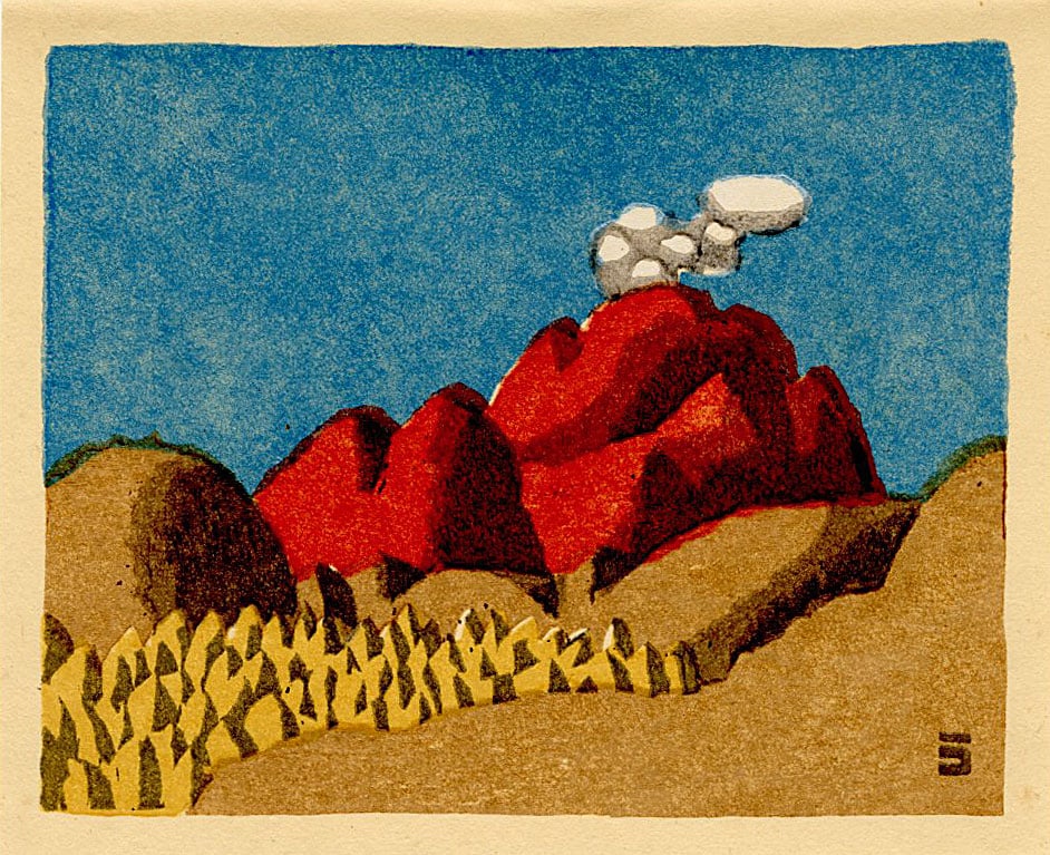 Azechi Umetaro: Volcano c.1942 Woodblock: Japanese Woodblock Print, 1942 SIZE IN INCHES: inches AZECHI UMETARO (1902?1999) was a pioneering Japanese printmaker of the S_saku-hanga (creative print) movement, celebrated for transforming his