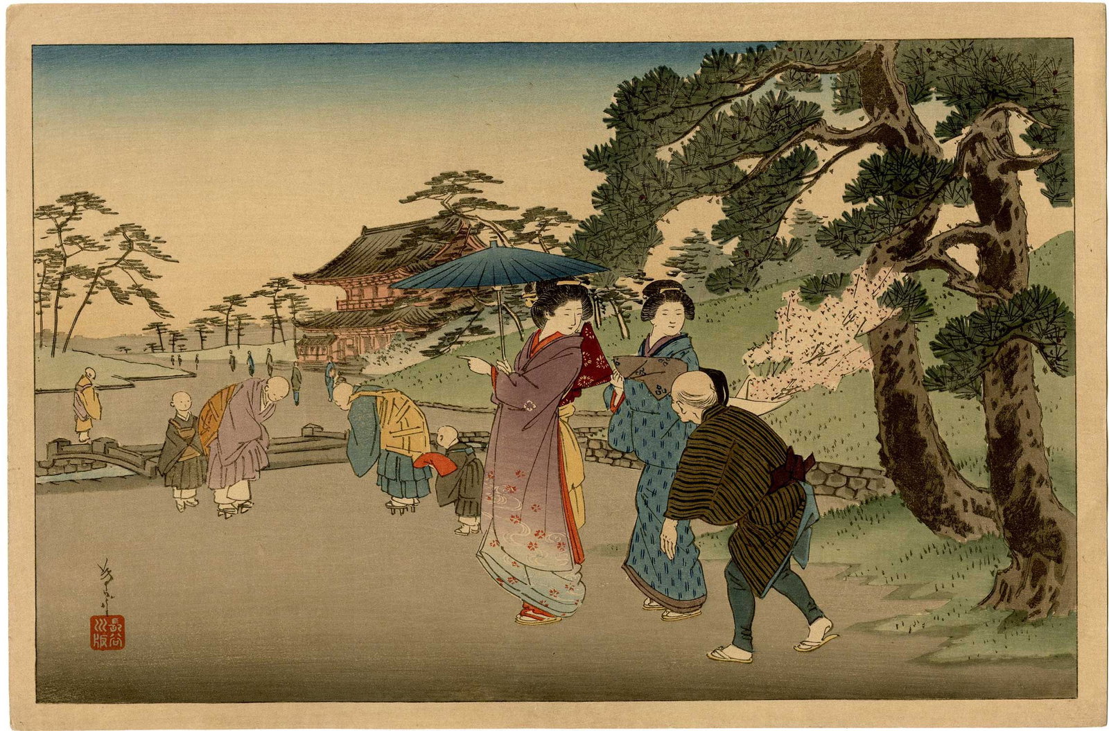 Arai Yoshimune: Women Visiting Temple 1930 Woodblock NR: Japanese Woodblock Print, 1930, published by Nishinomiya SIZE IN INCHES: oban, 15.25 x 10 inches COMMENTS: Rarely seen design. ARAI YOSHIMUNE (1863-1941) was the eleventh and youngest son of Utagawa