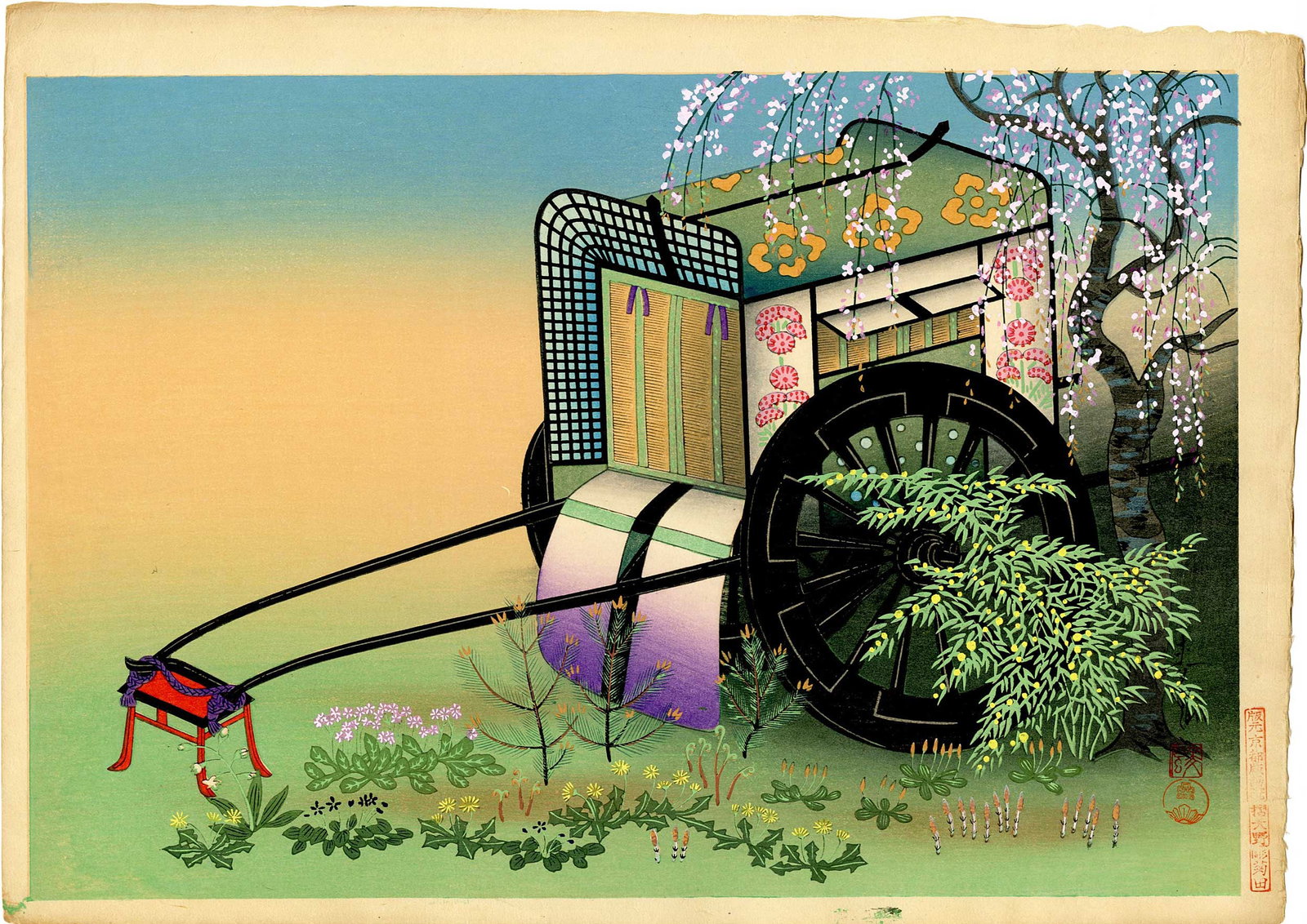 Bakufu Ohno: Old Court Wagon for Ladies Woodblock: Japanese Woodblock Print, 1950s, published by Kyoto Hanga-in SIZE IN INCHES: 10.75 x 15 inches OHNO BAKUFU (188-1976) was a prominent Japanese painter and woodblock printmaker born in Tokyo who later 