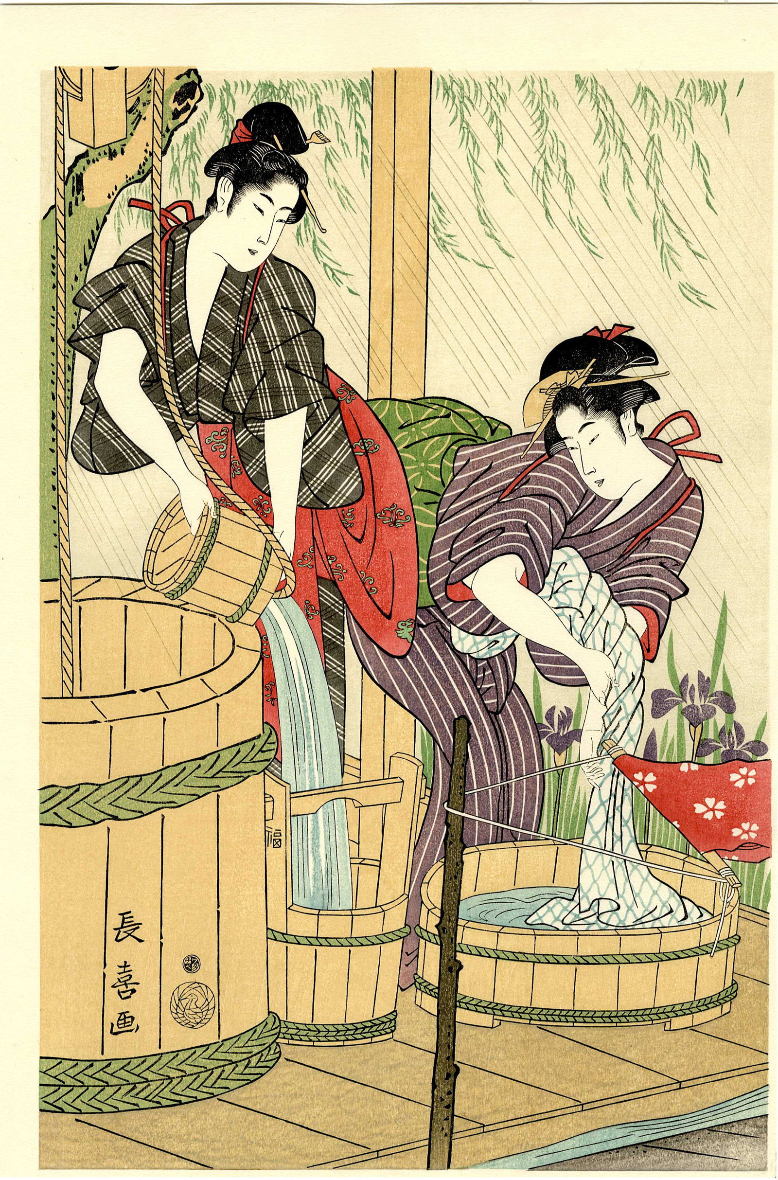 Choki Eishosai: Taking In Laundry Woodblock (1 of 2)