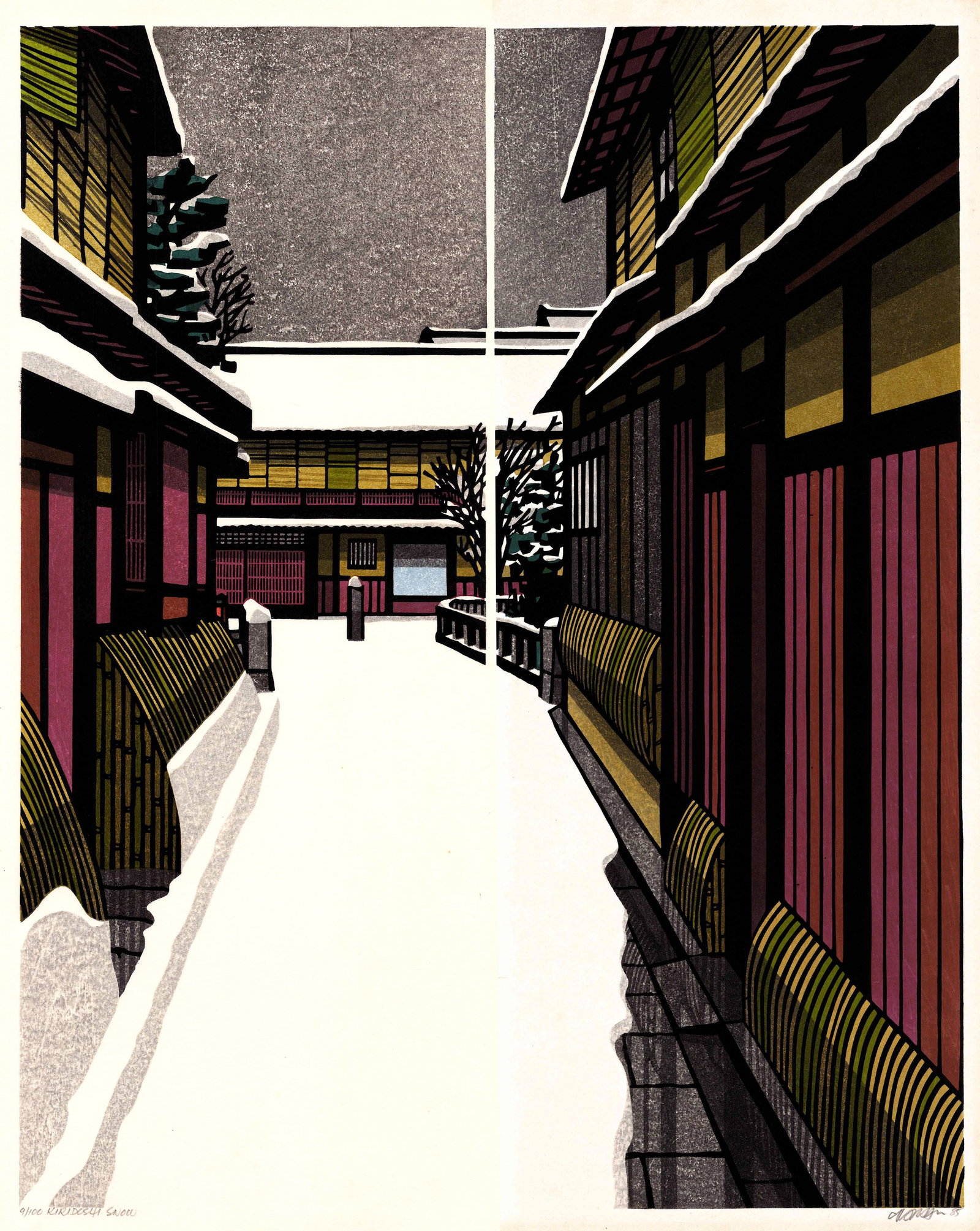 Clifton Karhu: Kiridoshi Snow Diptych 1st Ed Woodblock1985: Japanese Woodblock Print Triptych, 1989, 1st edition, self published by Clifon Karhu; triptych consists of two separate lightly backed sheets, pencil signed, dated, titled and numbered 9/100 SIZE IN