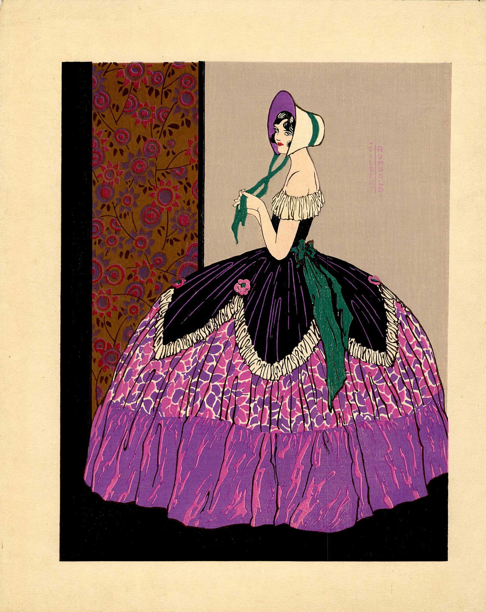 Gilbert Rumbold: Woman in Bonnet Woodblock: Woodblock Print, c.1920s SIZE IN INCHES: 9.5 x 12 inches COMMENTS: A stylized woman in a dramatic crinoline gown and large bonnet, a recurring historical-revival theme found in Rumbold's limited-editi