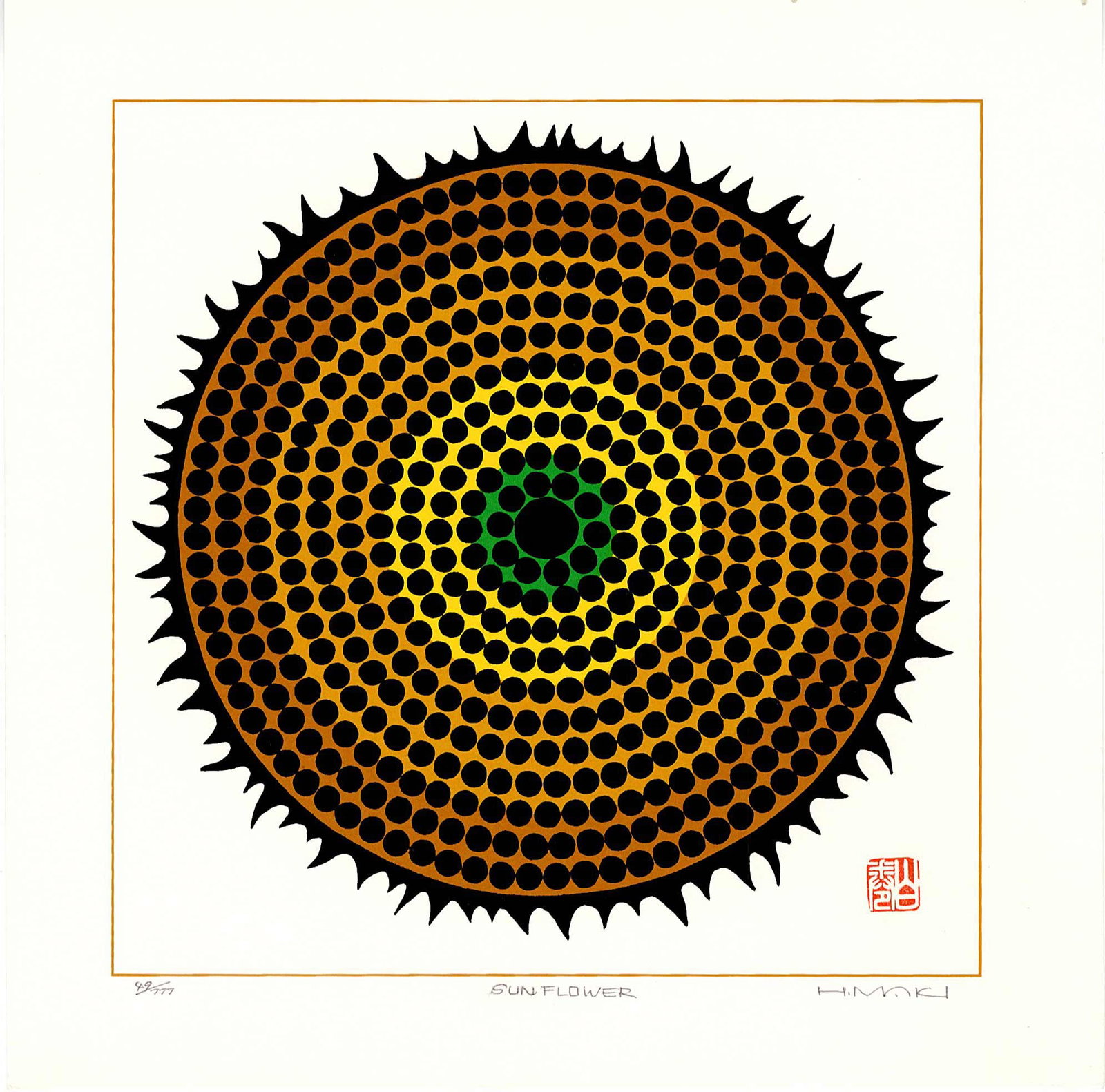 Haku Maki: Sunflower Woodblock: Japanese Woodblock Print, signed in pencil signed, titled and numbered 49/777 SIZE IN INCHES: shikishi, 10 x10 inches HAKU MAKI (1924-2000) was born with the name Maejima Tadaaki in 1924 in the small 