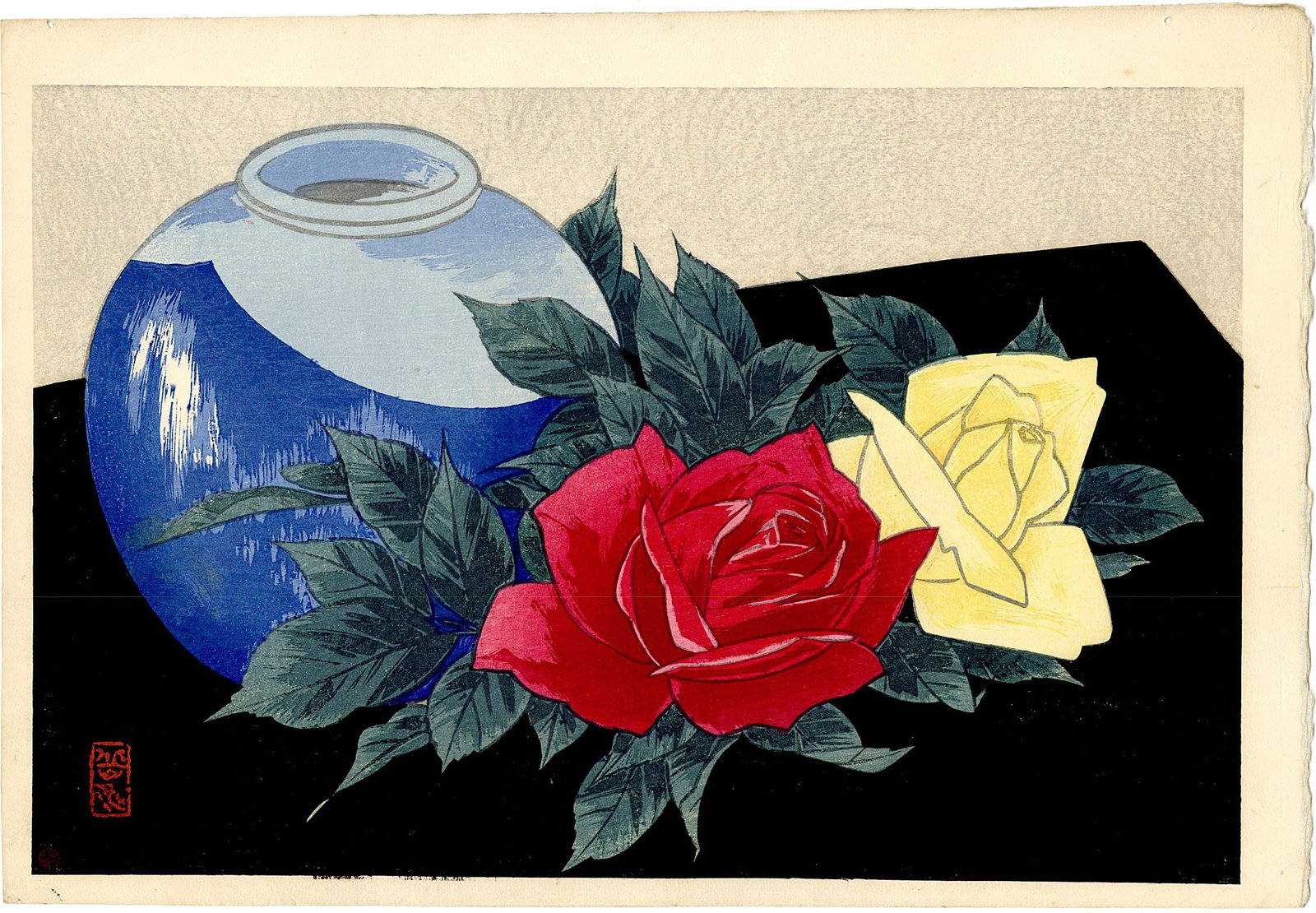 Ide Gakusui: Roses and Blue Vase 6mm Woodblock: Japanese Woodblock Print, c.1950, published by Shozabuor Watanabe with publisher's 6mm seal SIZE IN INCHES: 15.5 x 10.5 inches IDE GAKUSUI (1899-1982) was a Japanese painter and printmaker initially t