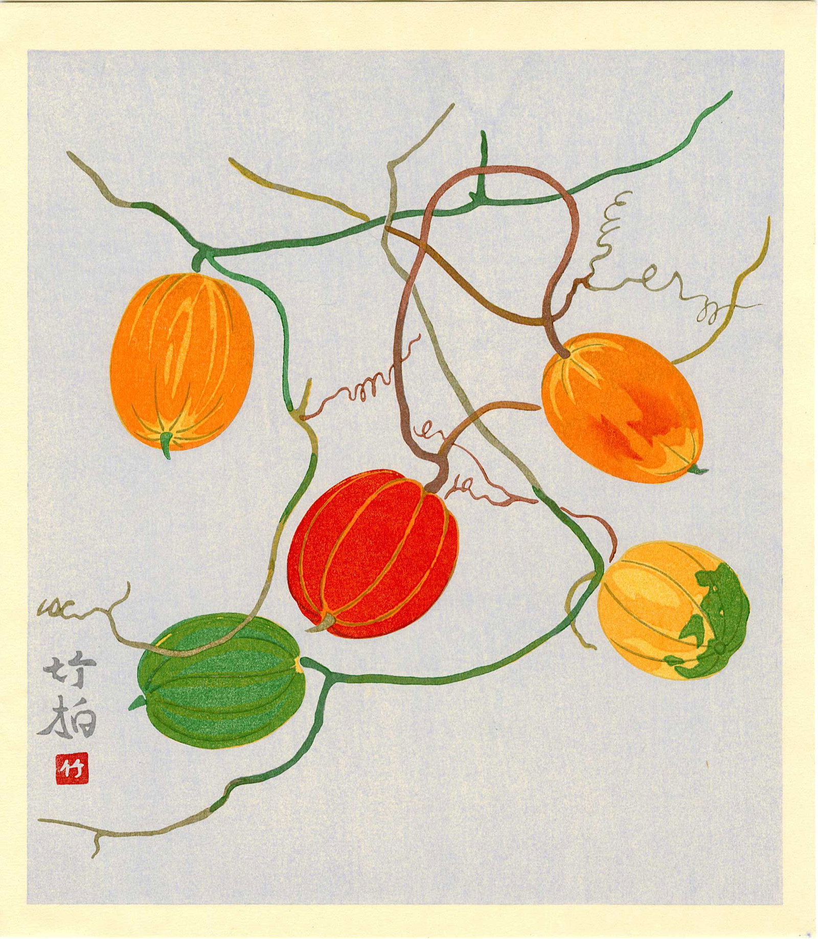 Not Read: Snake Gourd Woodblock NR: Japanese Woodblock Print, date unknown SIZE IN INCHES: 9.5 x 10.75 inches COMMENTS: Woodblock print depicting five colorful gourds hanging from a network of winding vines against a light, muted blue b
