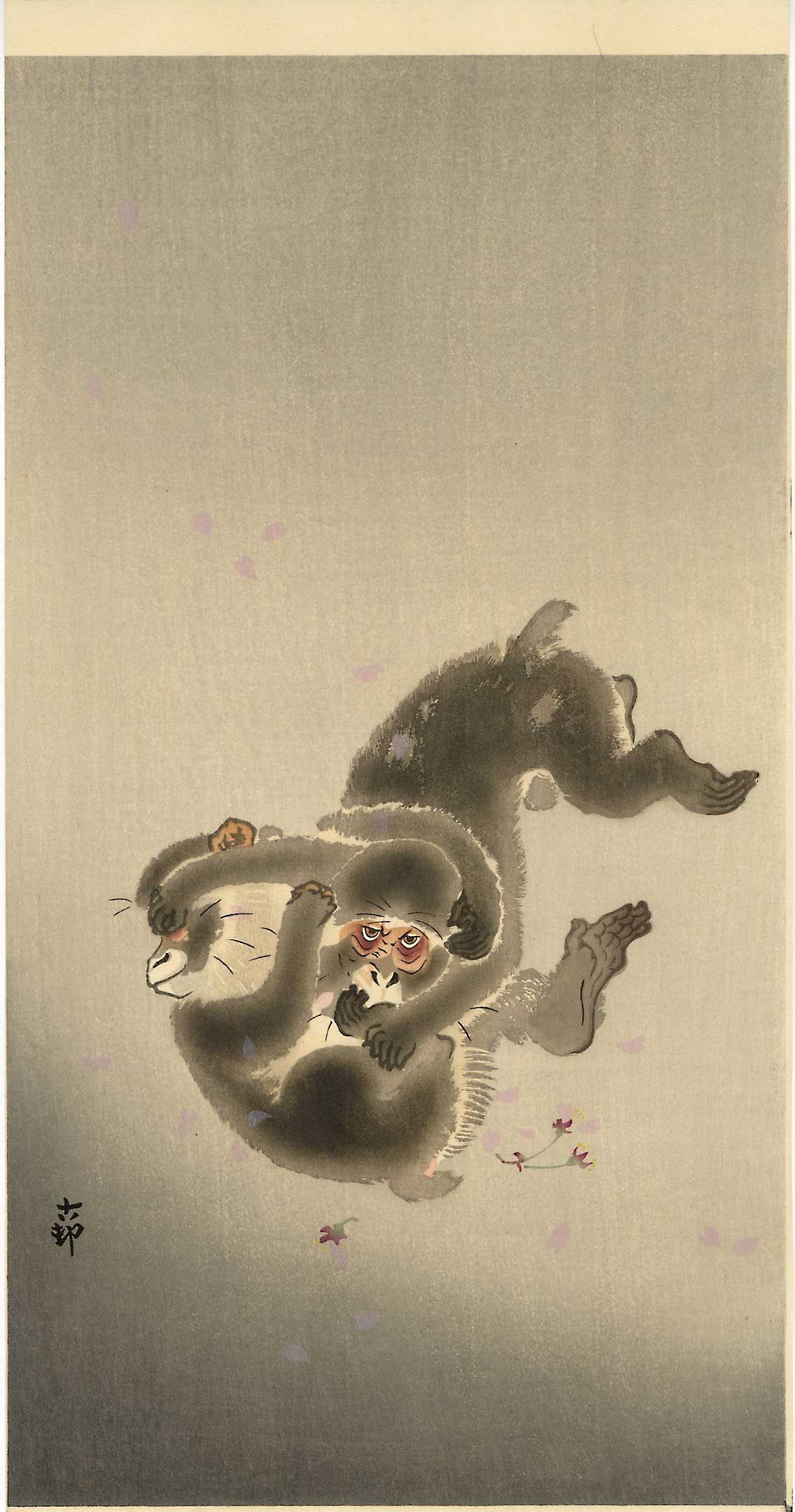 Ohara Koson: Monkeys Wrestling 1920s Woodblock (1 of 2)