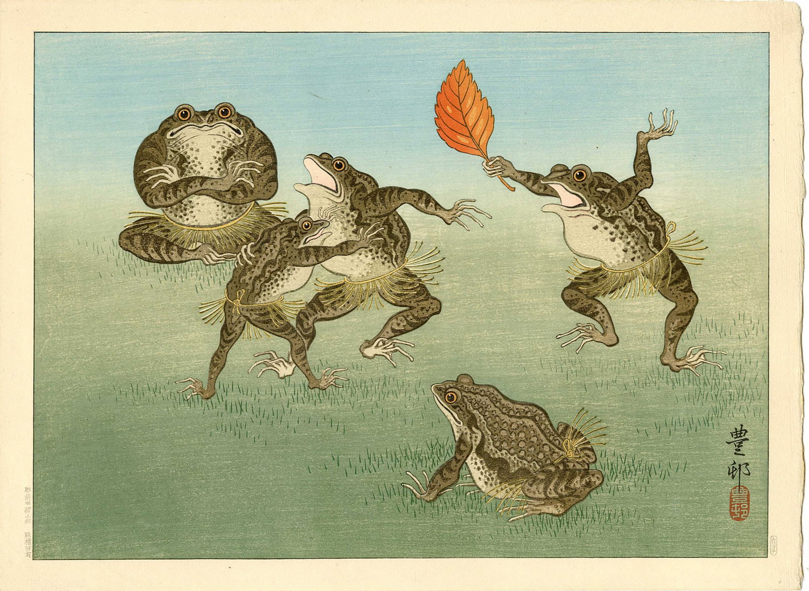 Ohara Koson: Sumo-wrestling Toads (Blue) 1930 Woodblock: Japanese Woodblock Print, 1930, published by Kawaguchi & Sakai, signed Hoson SIZE IN INCHES: oban, 10.5 x 14.25 inches PROVENANCE: Acquired from the Robert O. Muller estate. COMMENTS: Extremely rare. 