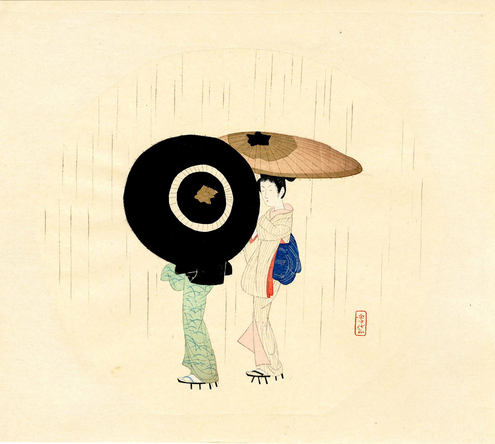 Settai Komura: Spring Rain 1942 Woodblock: Japanese Woodblock Print, 1942, published by Takamizawa from the original blocks SIZE IN INCHES: aiban, 11 x 9.75 inches COMMENTS: Settai Komura prints rarely come to auction. RARELY SEEN. KOMURA SETT