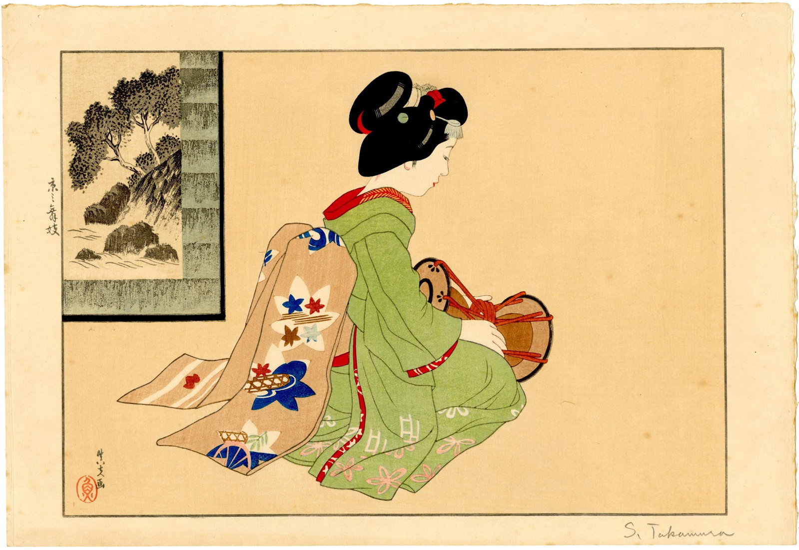 Takamura Masao.: Resting 1936 Woodblock NR: Japanese Woodblock Print, 1936, included in the portfolio of prints titled Capturing the New Age along with prints by Hiroshi Yoshida, Goro Tsuruta, Toraji Ishikawa among others. SIZE IN INCHES: oban,