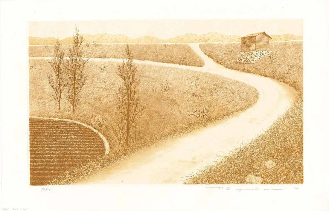 Tanaka Ryohei: Road to the River 1974 1st Ed NR: Japanese Woodblock Print, 1974, 1st Edition, pencil signed, dated and numbered 18/100 SIZE IN INCHES: 18.5 x 12 TANAKA RYOHEI (1933-2019) was a Japanese printmaker who created 770 etchings during his 