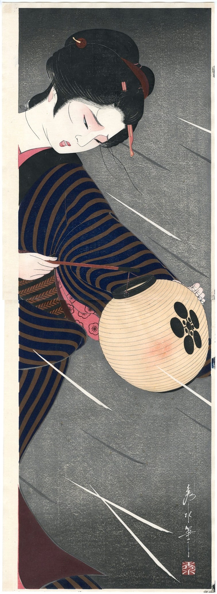 Shusui Taki: February Love Lantern 1984 Woodblock: Japanese Woodblock Print, 1982, from the series: Twelve Months of Girls SIZE IN INCHES: 15.5 x 11 inches each br>COMMENTS: 80 limited edition. Prints are separated. Comes with certificate card. Certif