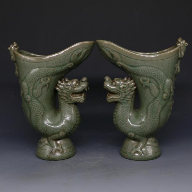 LongQuan Kiln Celadon Glazed Porcelain Pair Dragon Cups (1 of 8)