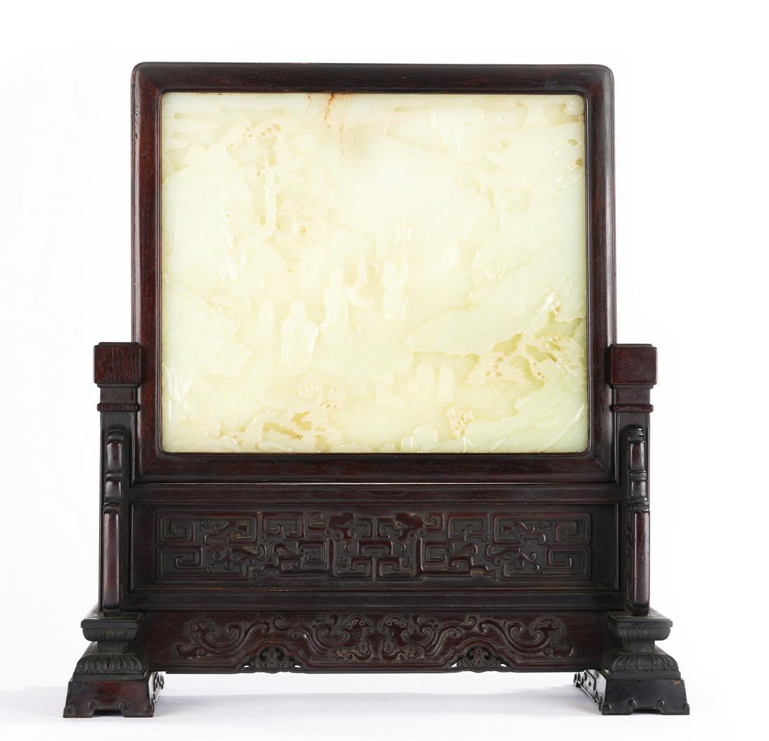 Chinese White Jade Carved Landscape Zitan Table Screen (1 of 9)
