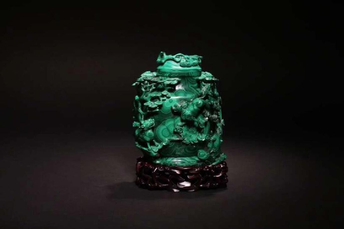 A MALACHITE CARVED VASE AND COVER (1 of 8)