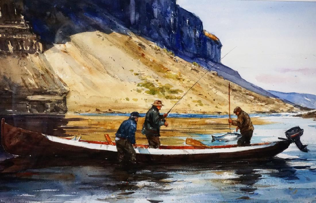 JOHN SWAN (AMERICAN, b. 1948): Contemporary Watercolor; 3-man fishing scene; Signed "John Swan 92" lower left; Set under glass in gold frame Dimensions: VA: 16.5"H x 28.25"W Add'l Dimensions F: 25.5"H x 38"W