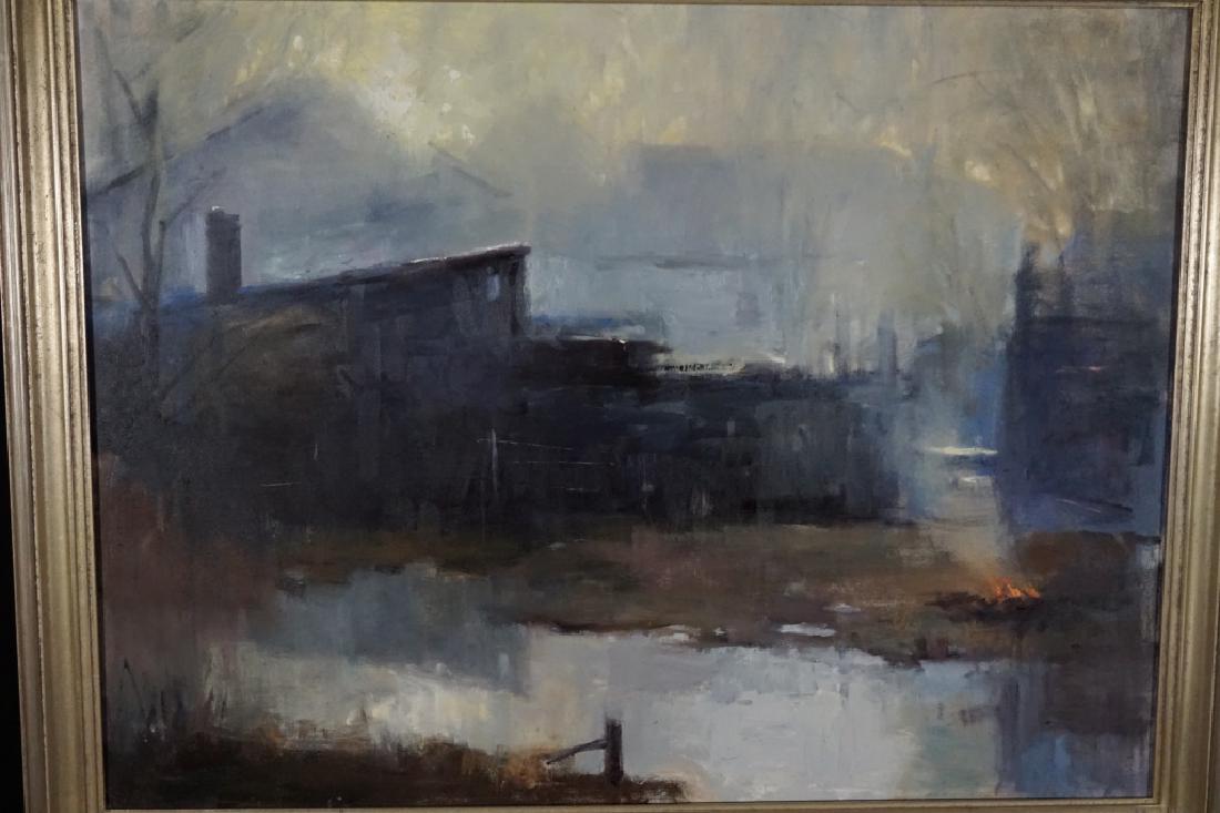 DAVID SLONIM (AMERICAN/IN/FL, b. 1966): Oil on canvas "Mike's Place" Signed Lower left "D. Slonim" Set in pewter gilt wood frame Visible Art Size: 30"H x 40"W Frame Size: 35"H x 45"W; Condition: Very good Condition Provenance: Purchased in