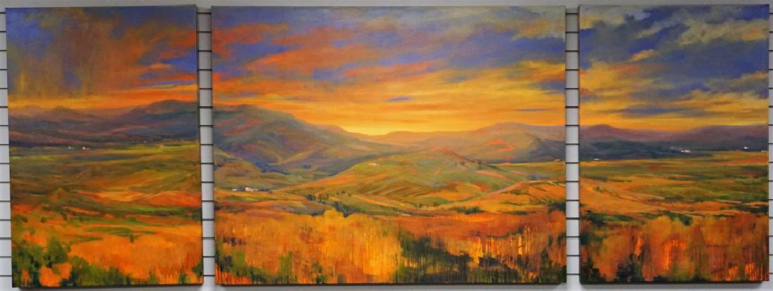 TERUKO T WILDE (AMERICAN/JAPANESE, 20th CENTURY): Oil on canvas Triptych "Moonrise/Sunset" Unframed, on stretcher Visible Art Size: 36"H x 96"W Condition: Very good Condition Provenance: Purchased in 2006, from Teruko T Wilde, for $9,000