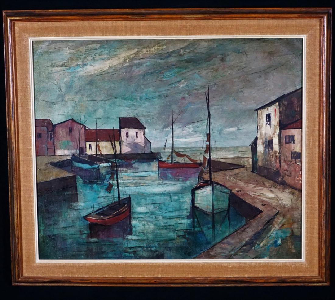 CUBIST HARBOR SCENE OIL ON CANVAS: Cubist Harbor Scene, oil on canvas; set in wood frame Dimensions: VA: 20"H x 23.25"W Add'l Dimensions F: 23.5"H x 27.5"W