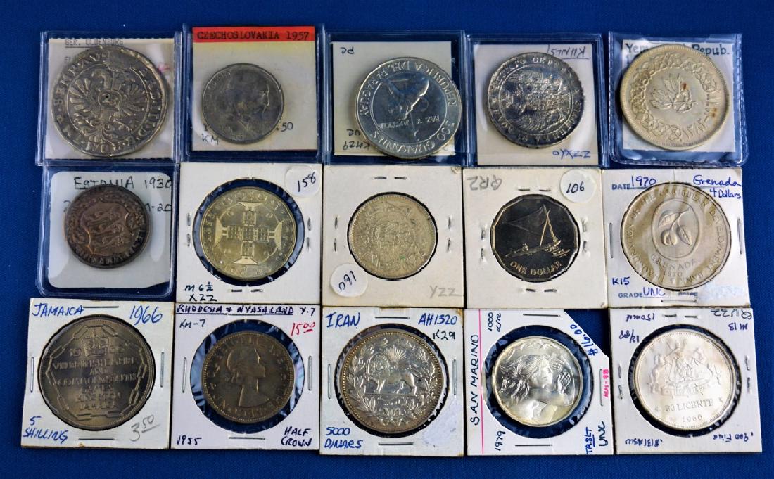 (15) ASSORTED FORGEIN COINS: 1382 Yemen Arab Republic 1 Rial .720 silver; 1842 Russia Nicholas I AR Public; 1957 Saudi Arabia; 1966 Lesotho 50L. .900 Fines; 1979 San Marino 1000 lire; 1966 Jamaica 5 shilling; 1955 Rhodesia & Nyas