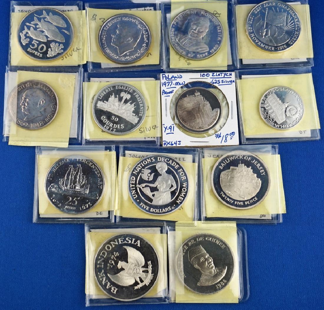 (13) ASSORTED FORGEIN COINS: 1974 Indonesia 5000 R.; 1977 Jersey 25 Pence; 1984 Guinea 200 S.; 1980 Yugoslavia 1000 Dinara; 1976 Surinam 25 Gulden; 1977 Poland 100 Zlotych .625 silver; 1969 India 10 Rupees .800 silver; 1960 Mali 