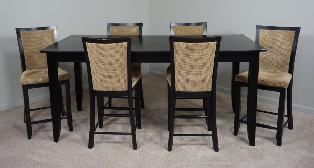 8pc DINING ROOM SET: Includes Table and 7 stool chairs with padded fabric seats and back; all wood, black finish, stamped "Made in Canada 2009" Dimensions: Table: 36"H x38"Wx78.5"L Add'l Dimensions Chair:41"Hx16.25"Wx17.5