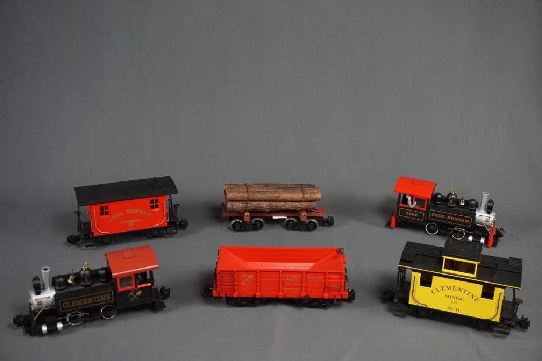 (2) BACHMANN BIG HAULERS CLEMENTINE & PAUL BUNYON: (2) BACHMANN BIG HAULERS CLEMENTINE & PAUL BUNYON 6pcs total; G Scale Each set includes locomotive, tender and caboose; Clemetine Mining Company and Paul Bunyon Logging Company;
