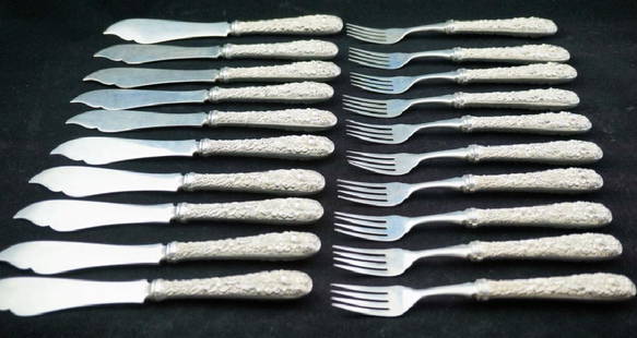 (10) S KIRK & SONS STERLING FISH KNIFE & FORK SETS: (10) S KIRK & SONS STERLING FISH KNIFE & FORK SETS - "Rose" Pattern; Circa 1925-1932; 20pcs total; Handle, blade and tines are all marked "Sterling", Handle is marked "S Kirk & Sons"; Knife: 8.25"L,