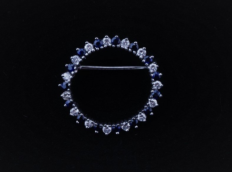 PLATINUM  DIAMOND & BLUE SAPPHIRE BROOCH (1 of 5)
