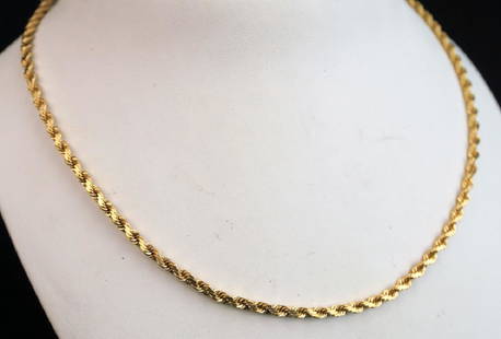 14K GOLD 18" ROPE CHAIN NECKLACE: 14K GOLD 18" ROPE CHAIN NECKLACE - total weight 14.3g; Estimate: $300-$500