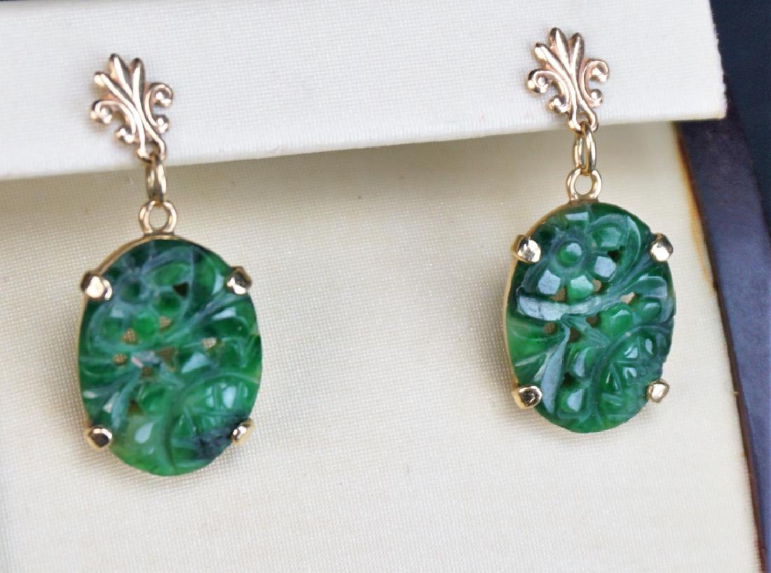 PAIR 14K GOLD CARVED JADE EARRINGS (1 of 6)