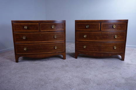 PAIR OF HENREDON BANDED BOWFRONT 4-DRAWER CHESTS: PAIR OF HENREDON BANDED BOWFRONT 4-DRAWER CHESTS - 18th Century style mahogany portfolio chests; bow front chest with banded satinwood drawers; adorned with floral brass pulls; Circa 20th Century Meas