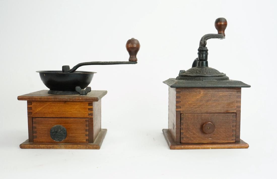 PAIR VINTAGE WOOD & IRON COFFEE MILLS (1 of 5)