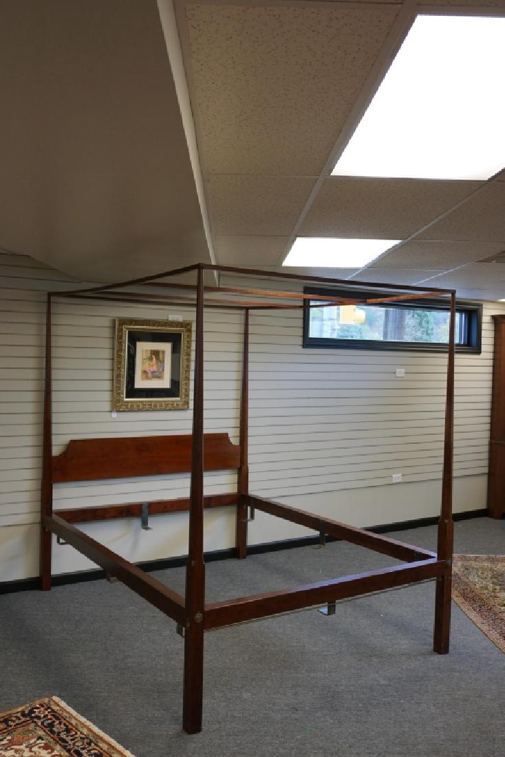 VINTAGE 4-POSTER BED WITH CANOPY AND CHERRY FINISH: VINTAGE 4-POSTER BED WITH CANOPY AND CHERRY FINISH - wood peg construction; Steel brackets for holding mattress ; Condition - Some scratches on wood and rust on brackets ; Measures: 80.75"H x 66"W x 8