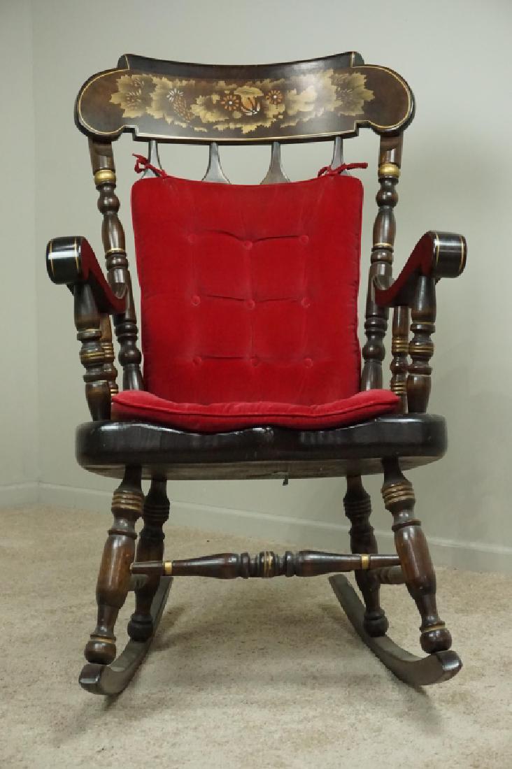 VINTAGE TOLE PAINTED WOOD ROCKER: VINTAGE TOLE PAINTED WOOD ROCKER - Includes red cushion; tole painted, solid wood ; Condition - Some scuffs, scratches and paint loss ; Measures: 45.5"H x 26"W x 33"D ; Estimate: $60-$120